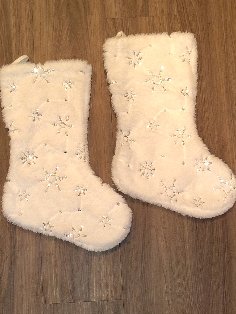 Plush White Sequin Snowflake Holiday Stockings - Set of 2